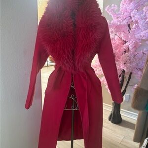Red Faux-Fur Collar Belted Trench Coat - Women's😍😍😍😍